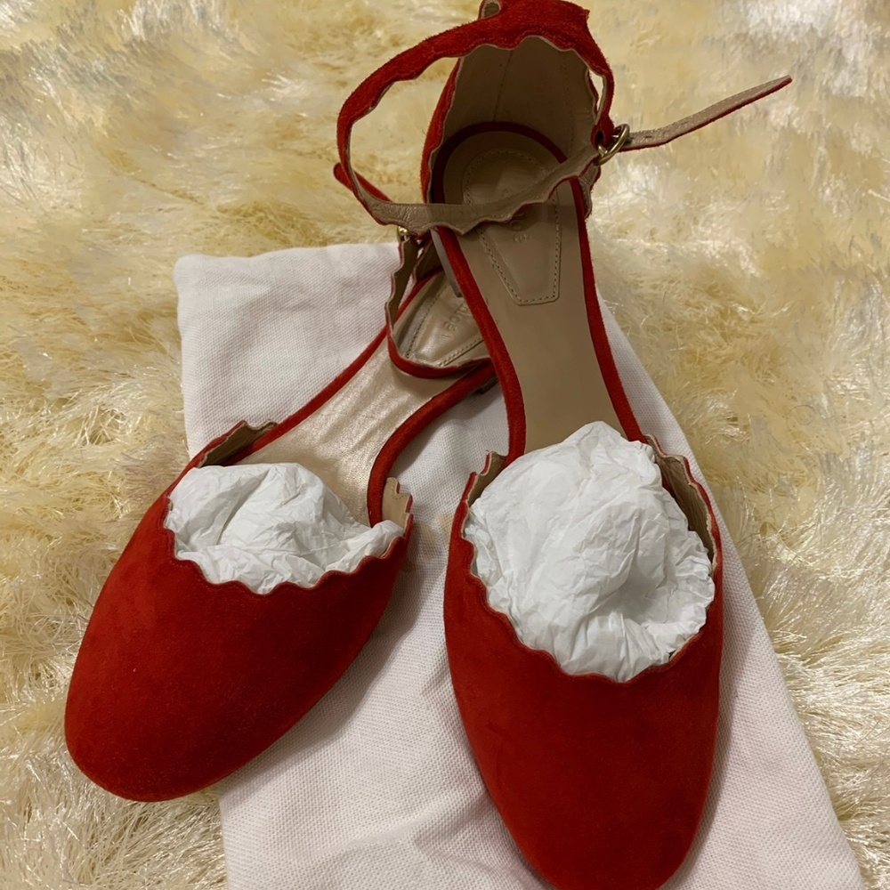 Chloe Lauren Scalloped Suede Ankle-Strap Flats